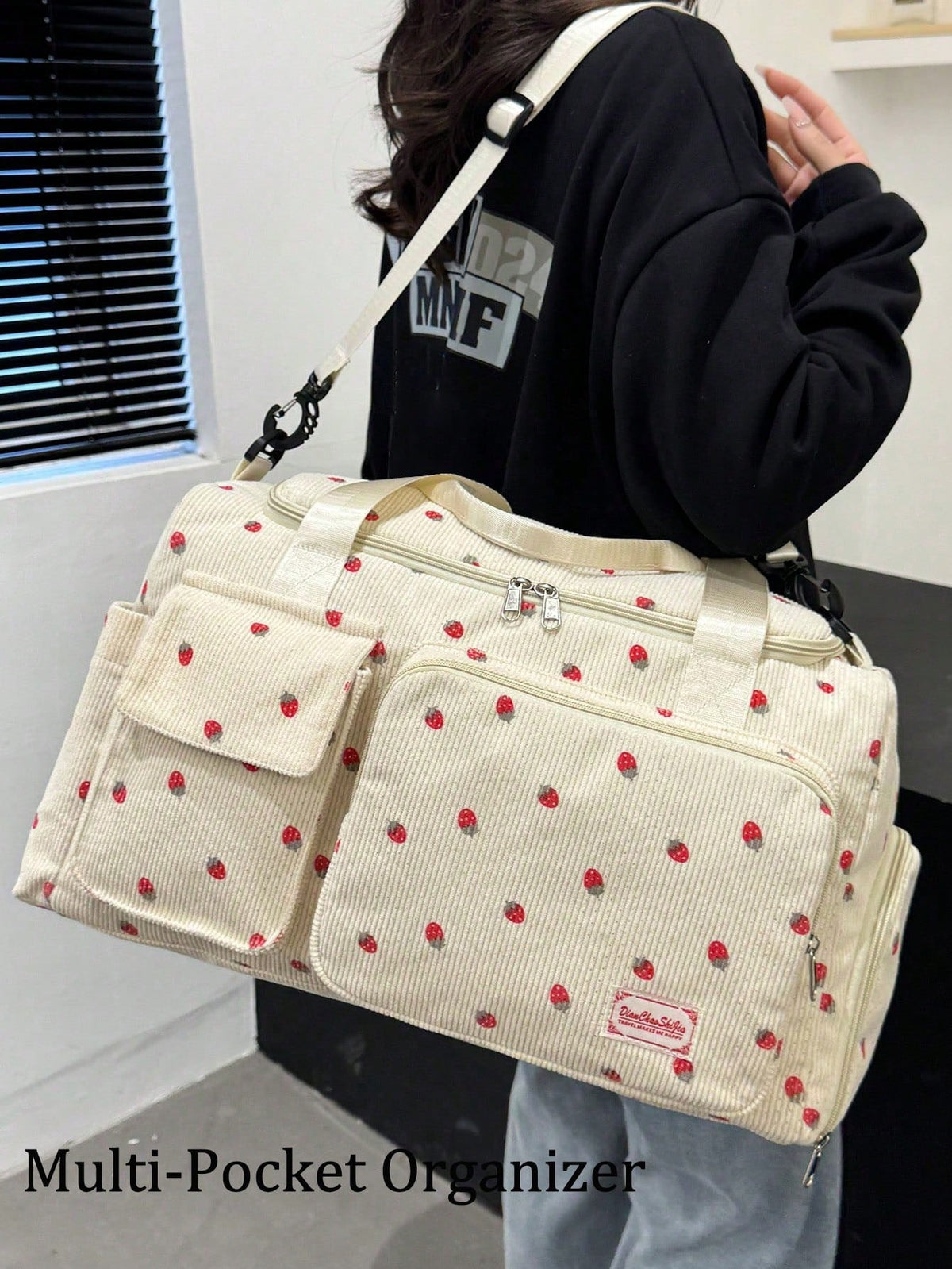 1pc Strawberry Pattern Corduroy Material Travel Luggage Bag Large Capacity Clothes Storage Carry On Duffle Bag Traveling Tote Bag Gym Bag Weekend Bag
