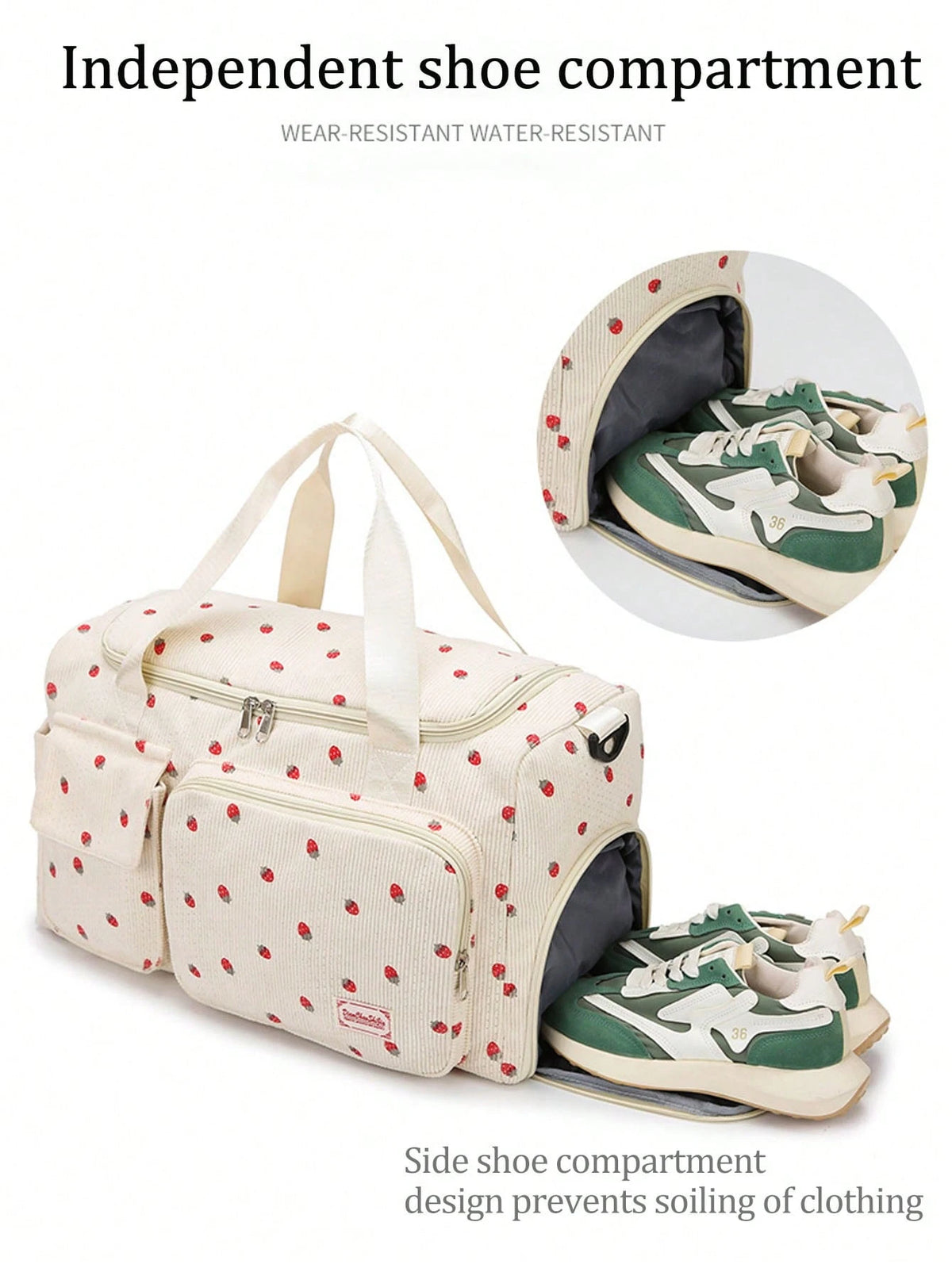 1pc Strawberry Pattern Corduroy Material Travel Luggage Bag Large Capacity Clothes Storage Carry On Duffle Bag Traveling Tote Bag Gym Bag Weekend Bag