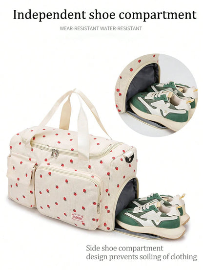 1pc Strawberry Pattern Corduroy Material Travel Luggage Bag Large Capacity Clothes Storage Carry On Duffle Bag Traveling Tote Bag Gym Bag Weekend Bag