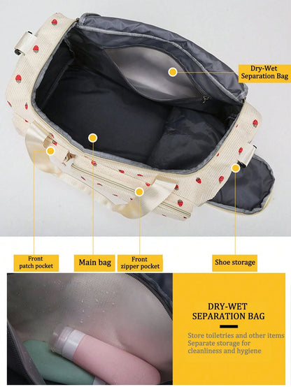 1pc Strawberry Pattern Corduroy Material Travel Luggage Bag Large Capacity Clothes Storage Carry On Duffle Bag Traveling Tote Bag Gym Bag Weekend Bag
