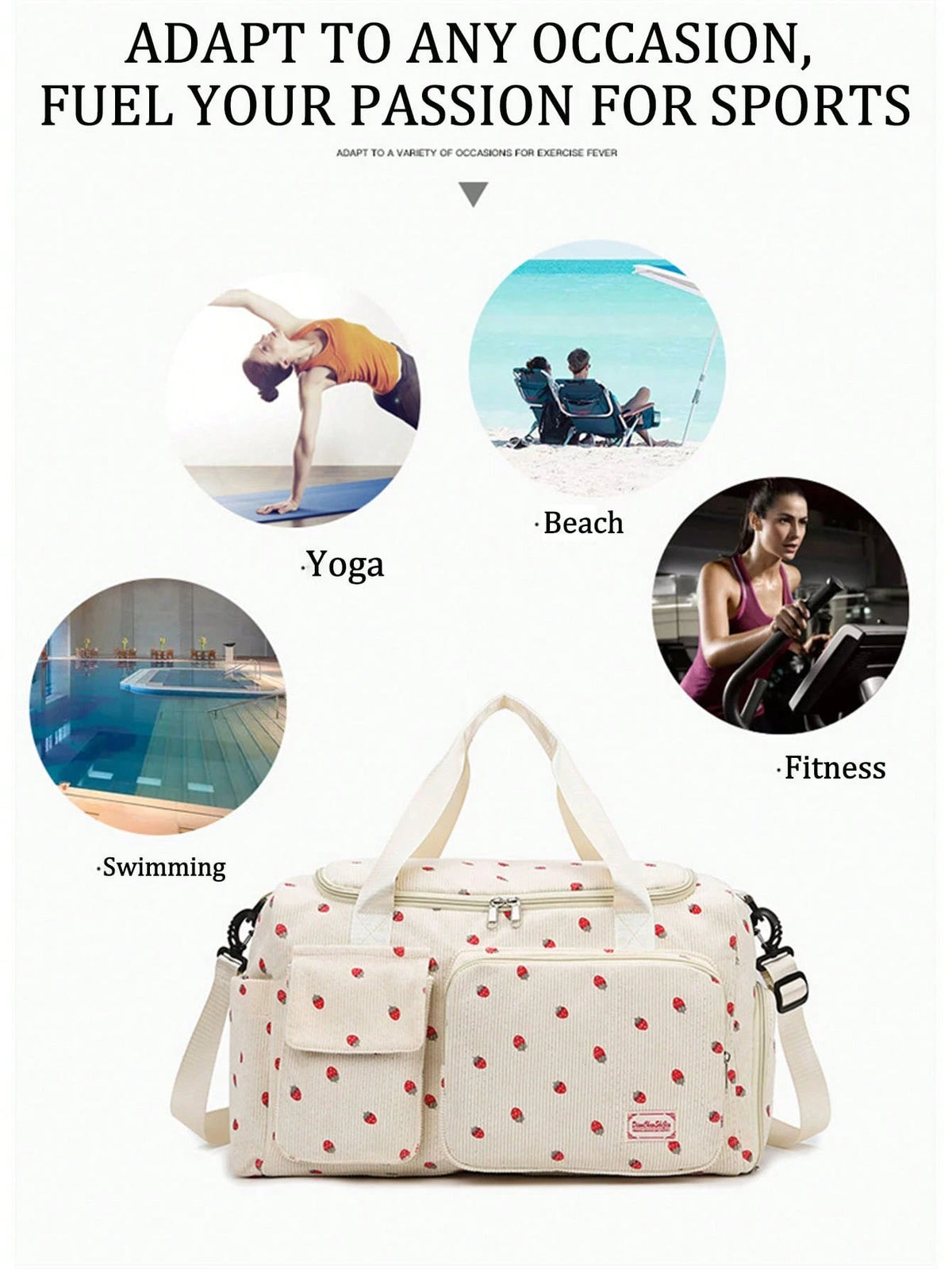 1pc Strawberry Pattern Corduroy Material Travel Luggage Bag Large Capacity Clothes Storage Carry On Duffle Bag Traveling Tote Bag Gym Bag Weekend Bag