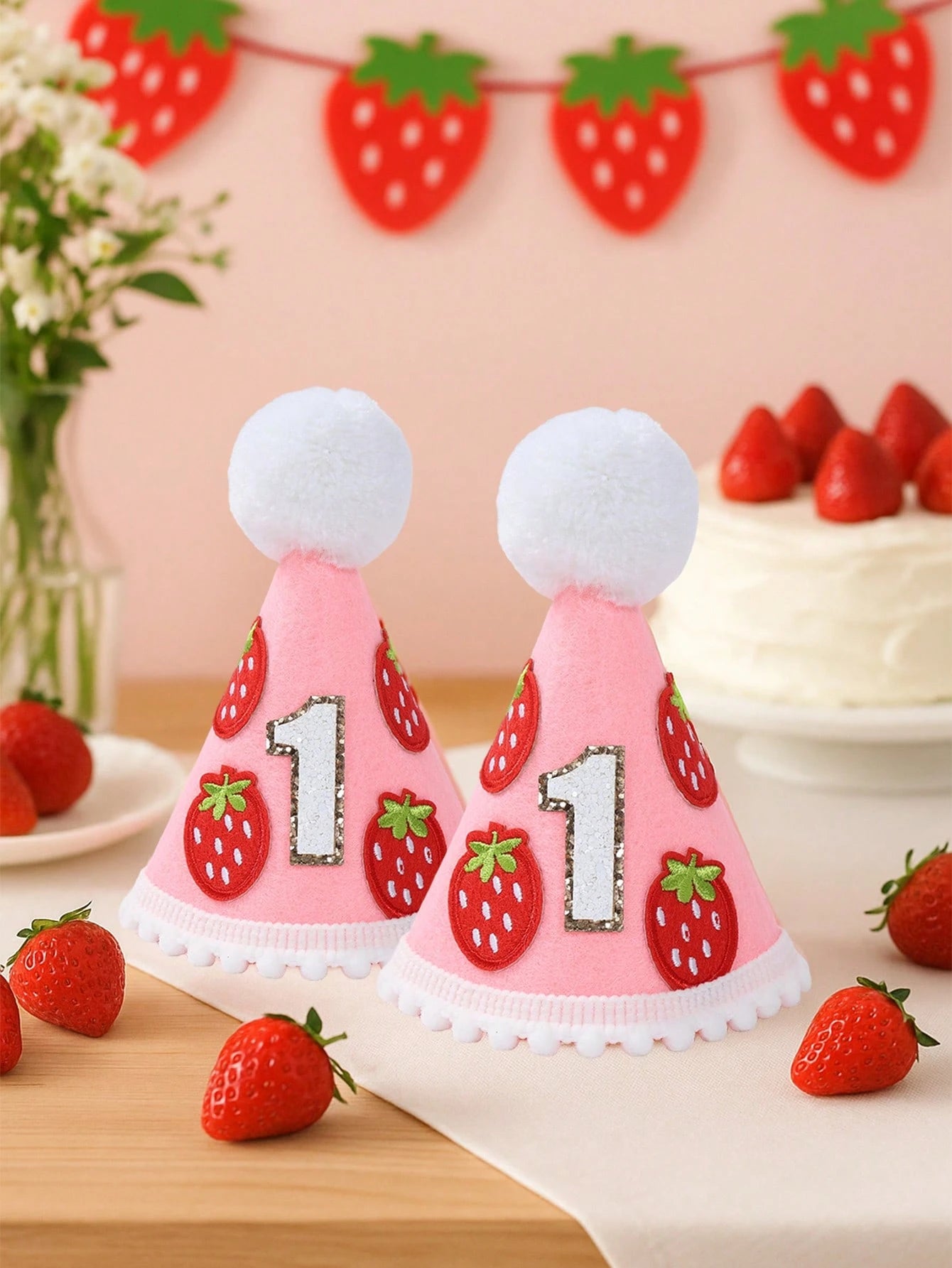 1pc Strawberry Themed 1st Birthday Hat, Shiny Number 1 Design Crown, Strawberry Headband, 1st Birthday Memento, Photography Prop, Strawberry Themed 1st Birthday Party Decor, 1st Birthday Party Supplie
