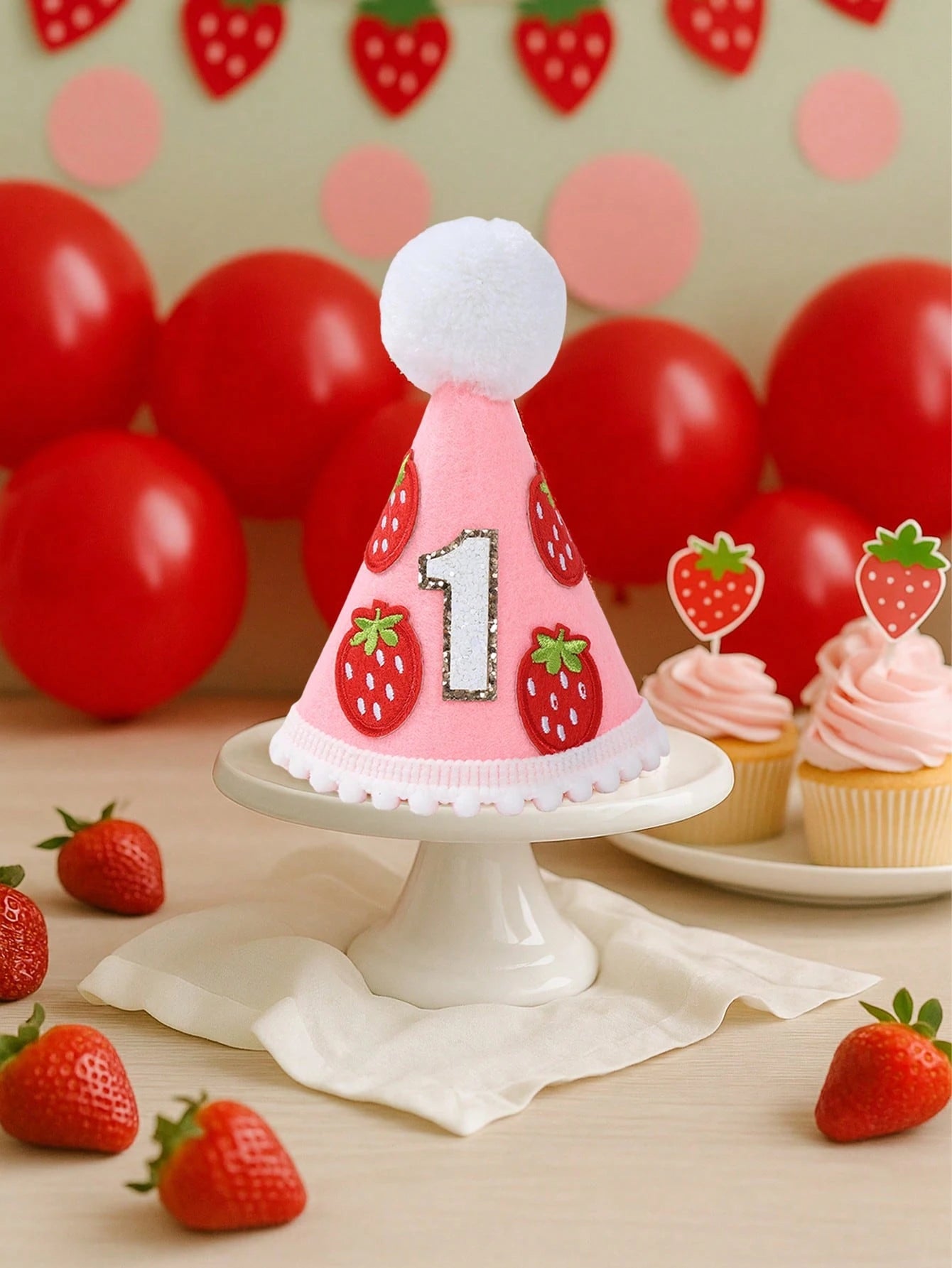 1pc Strawberry Themed 1st Birthday Hat, Shiny Number 1 Design Crown, Strawberry Headband, 1st Birthday Memento, Photography Prop, Strawberry Themed 1st Birthday Party Decor, 1st Birthday Party Supplie