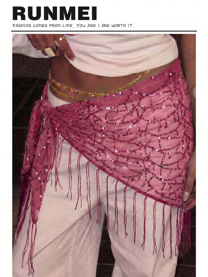 1pc Summer Beach New Jazz Dance Street Dance Waist Chain Hip Scarf Accessory, Sequin Triangle Scarf Tassel Waist Belt, Versatile Waist Wrap