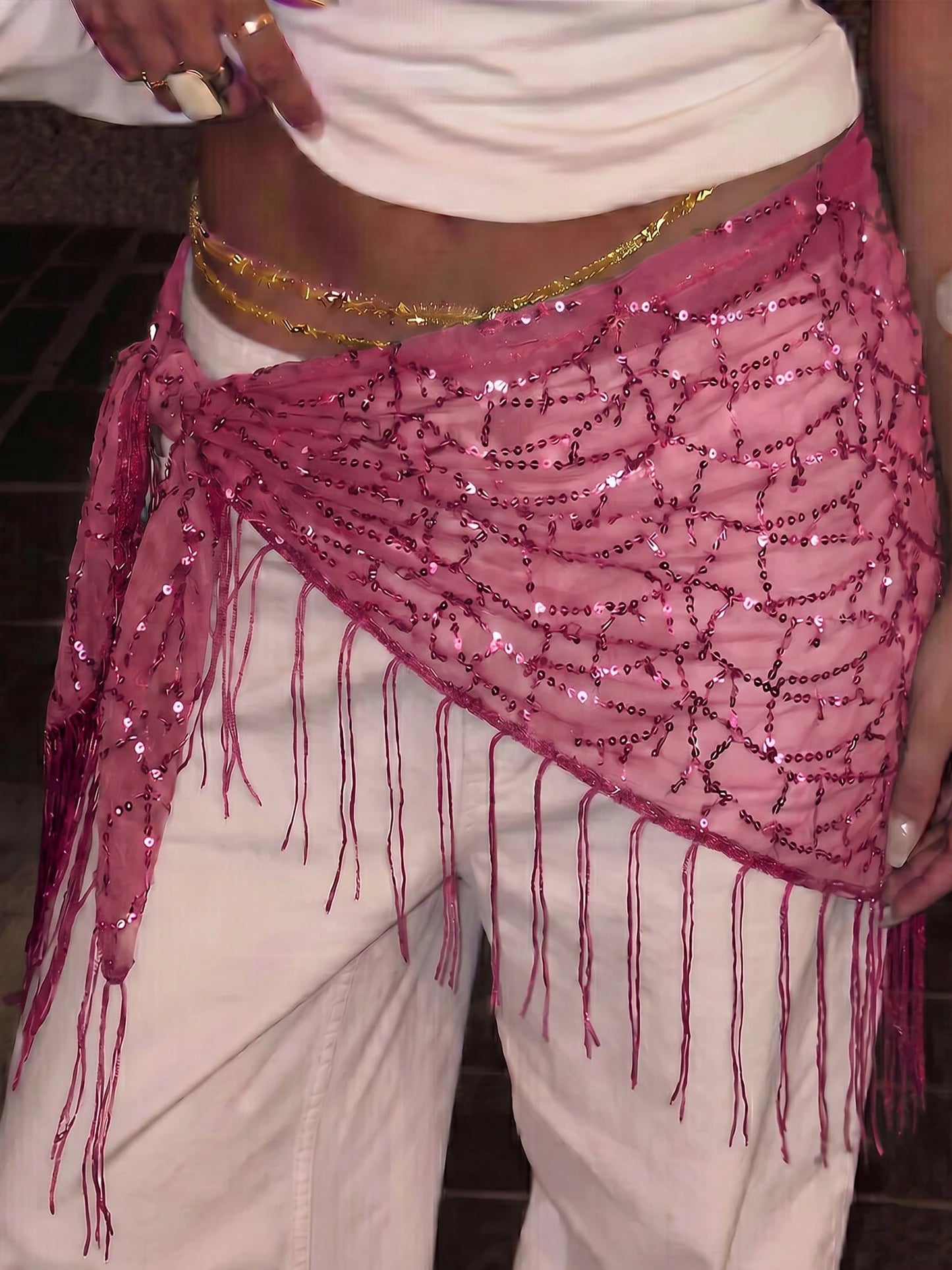 1pc Summer Beach New Jazz Dance Street Dance Waist Chain Hip Scarf Accessory, Sequin Triangle Scarf Tassel Waist Belt, Versatile Waist Wrap