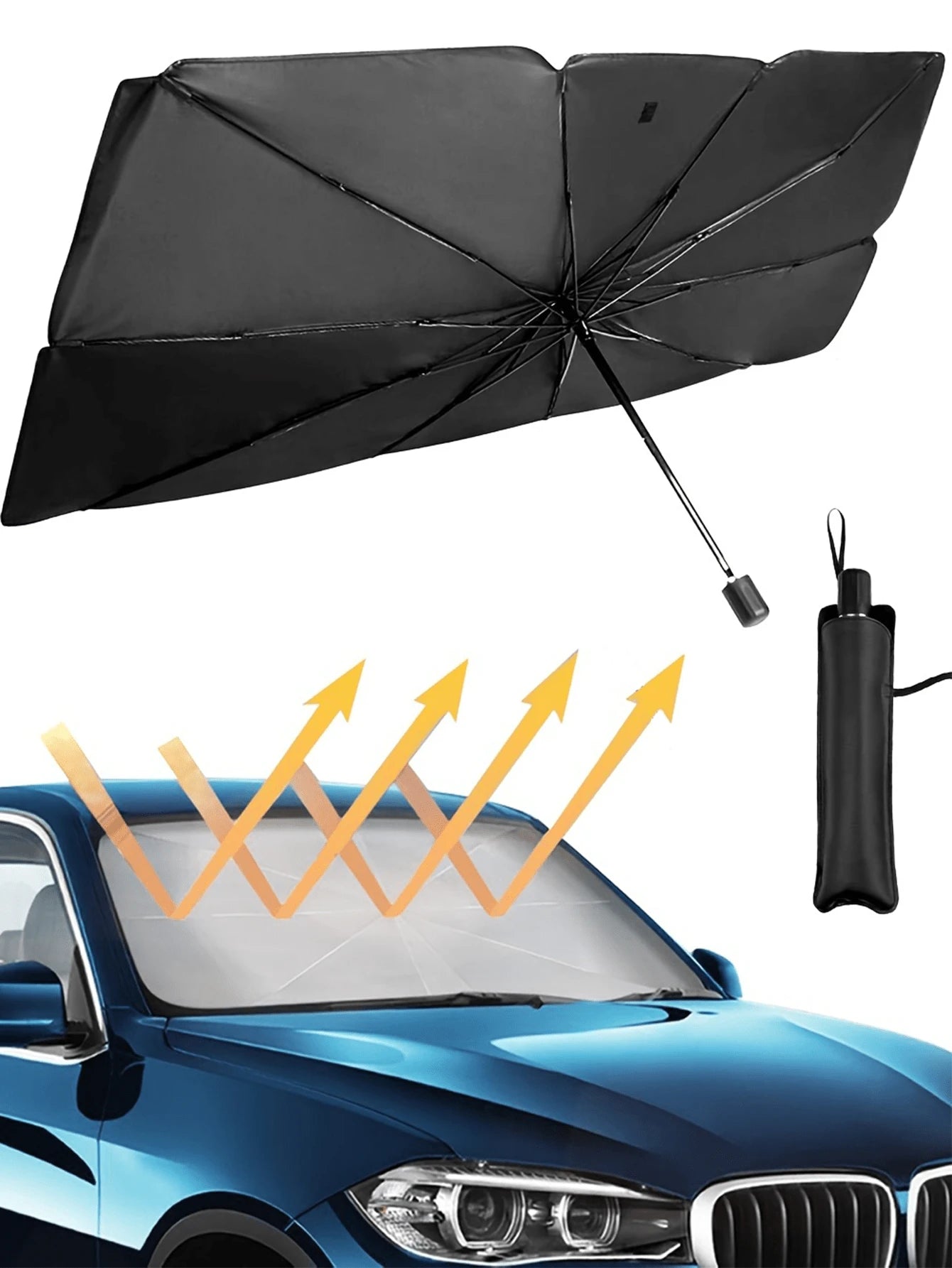 1pc Summer Car Sun Shade Umbrella, Foldable Reflective Sunshade Umbrella, Large Size UV Protection Sun Umbrella Suitable For Various Car Window Sizes, Thick Titanium Silver Heat Insulation Anti-UV Sun