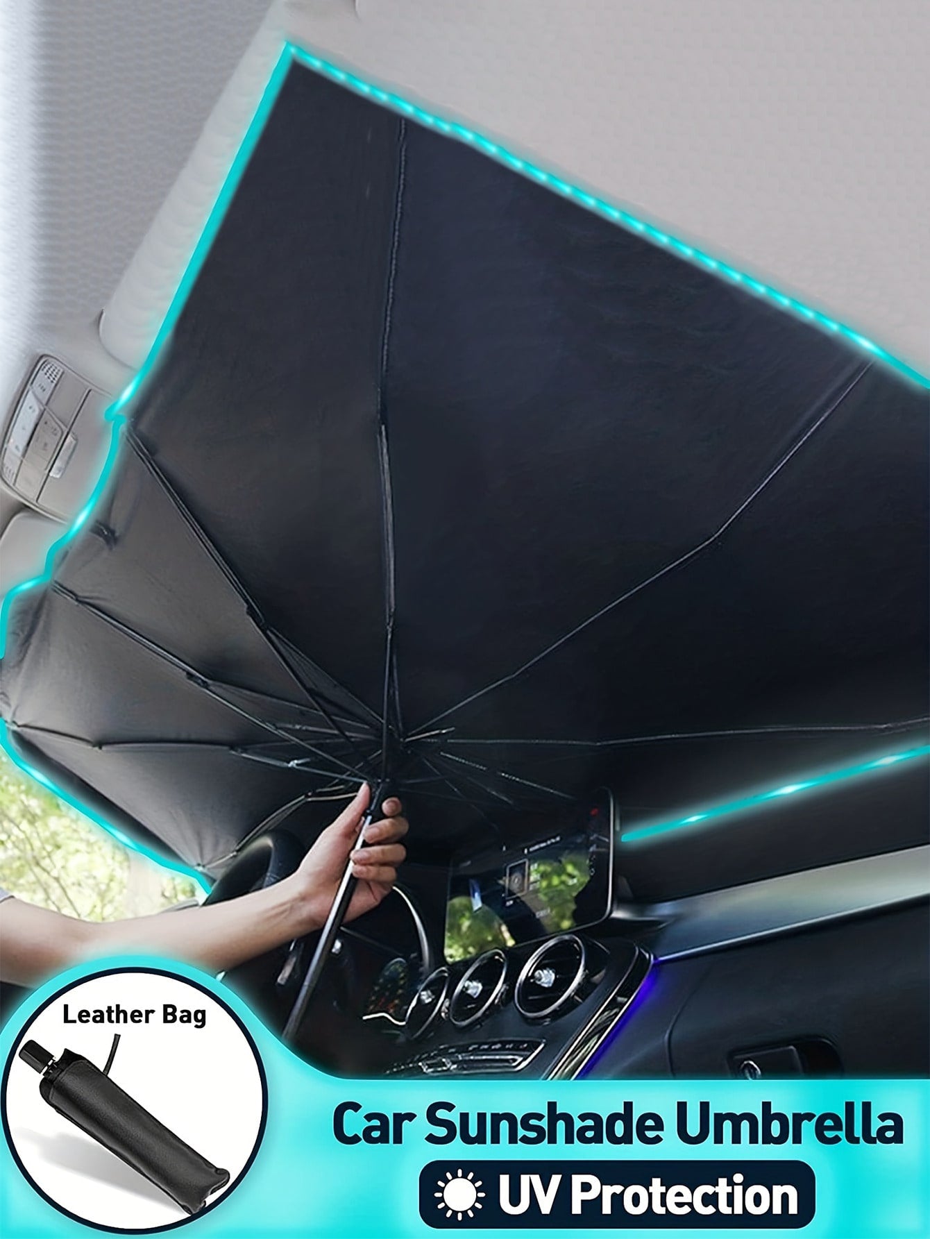1pc Summer Car Sun Shade Umbrella, Foldable Reflective Sunshade Umbrella, Large Size UV Protection Sun Umbrella Suitable For Various Car Window Sizes, Thick Titanium Silver Heat Insulation Anti-UV Sun