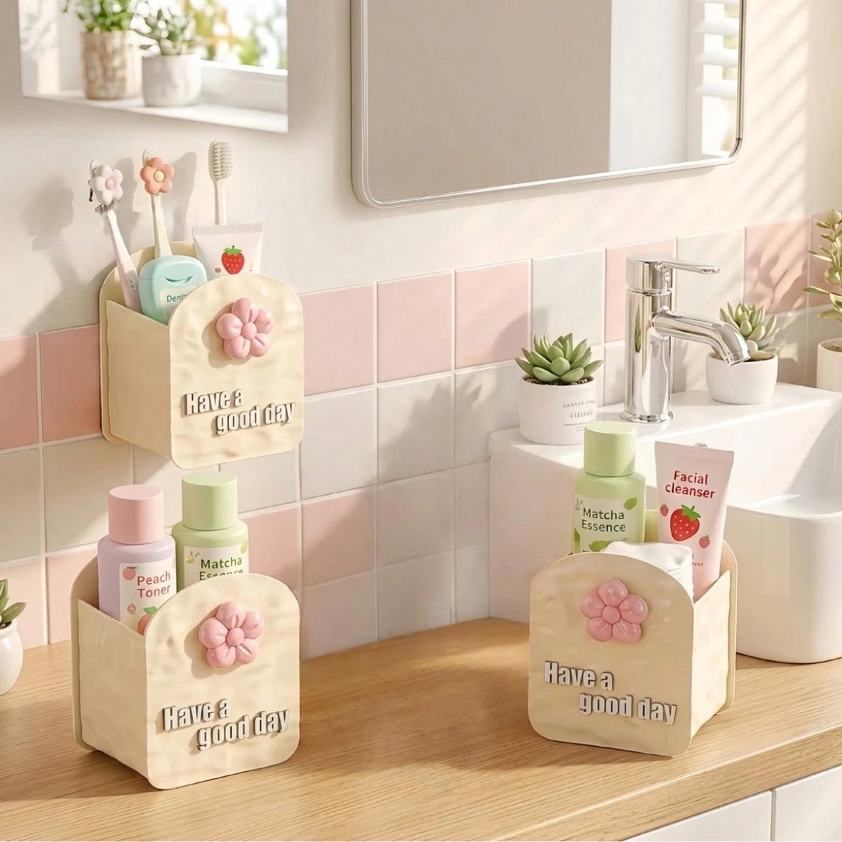 1pc Toothbrush Toothpaste Makeup Brush Storage Holder, Transparent Milky White, Wall-Mounted No-Drill Mirror Cabinet Cosmetic Storage Box