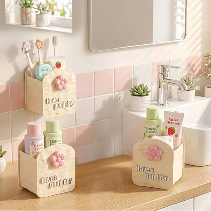 1pc Toothbrush Toothpaste Makeup Brush Storage Holder, Transparent Milky White, Wall-Mounted No-Drill Mirror Cabinet Cosmetic Storage Box
