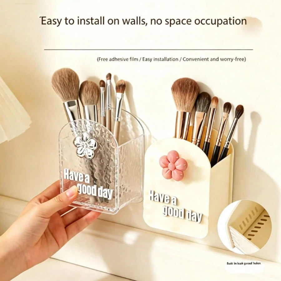 1pc Toothbrush Toothpaste Makeup Brush Storage Holder, Transparent Milky White, Wall-Mounted No-Drill Mirror Cabinet Cosmetic Storage Box