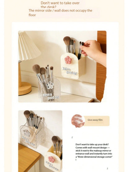 1pc Toothbrush Toothpaste Makeup Brush Storage Holder, Transparent Milky White, Wall-Mounted No-Drill Mirror Cabinet Cosmetic Storage Box