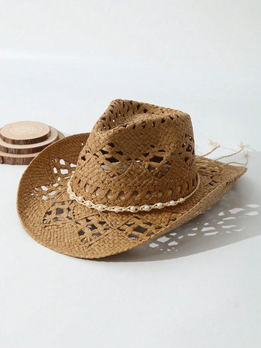 1pc Unisex Pearl Decor Cowboy Hat Hollow Out Wide Brim Handmade Spring Summer Travel Shade Cowgirl Hat Beach Hat Straw Hat Casual Sun Hat