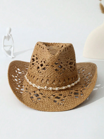 1pc Unisex Pearl Decor Cowboy Hat Hollow Out Wide Brim Handmade Spring Summer Travel Shade Cowgirl Hat Beach Hat Straw Hat Casual Sun Hat