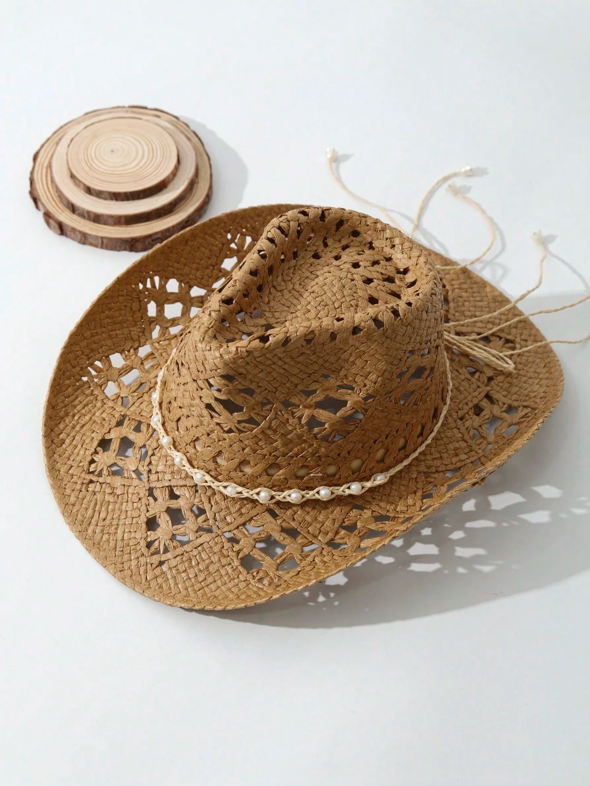 1pc Unisex Pearl Decor Cowboy Hat Hollow Out Wide Brim Handmade Spring Summer Travel Shade Cowgirl Hat Beach Hat Straw Hat Casual Sun Hat