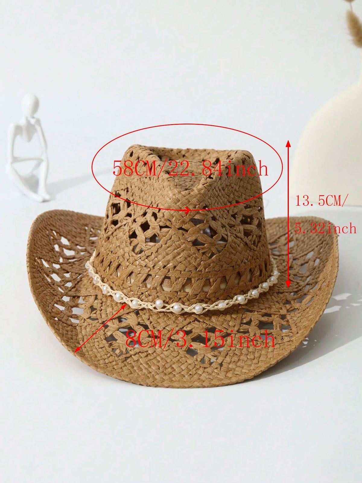 1pc Unisex Pearl Decor Cowboy Hat Hollow Out Wide Brim Handmade Spring Summer Travel Shade Cowgirl Hat Beach Hat Straw Hat Casual Sun Hat