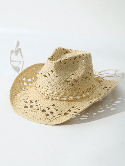 1pc Unisex Pearl Decor Cowboy Hat Hollow Out Wide Brim Handmade Spring Summer Travel Shade Cowgirl Hat Beach Hat Straw Hat Casual Sun Hat