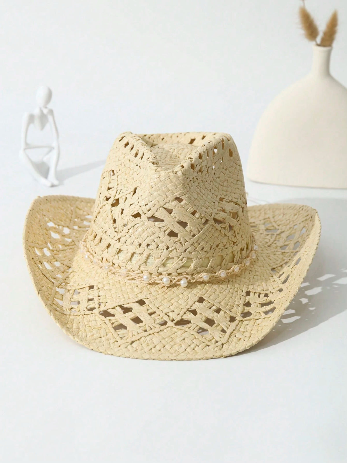 1pc Unisex Pearl Decor Cowboy Hat Hollow Out Wide Brim Handmade Spring Summer Travel Shade Cowgirl Hat Beach Hat Straw Hat Casual Sun Hat