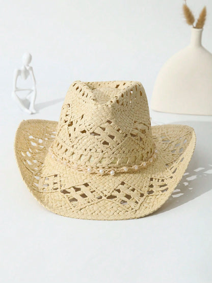 1pc Unisex Pearl Decor Cowboy Hat Hollow Out Wide Brim Handmade Spring Summer Travel Shade Cowgirl Hat Beach Hat Straw Hat Casual Sun Hat