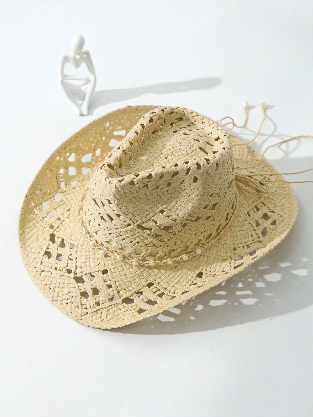 1pc Unisex Pearl Decor Cowboy Hat Hollow Out Wide Brim Handmade Spring Summer Travel Shade Cowgirl Hat Beach Hat Straw Hat Casual Sun Hat