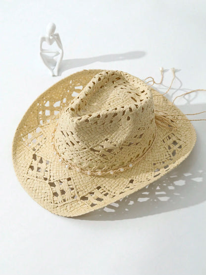 1pc Unisex Pearl Decor Cowboy Hat Hollow Out Wide Brim Handmade Spring Summer Travel Shade Cowgirl Hat Beach Hat Straw Hat Casual Sun Hat