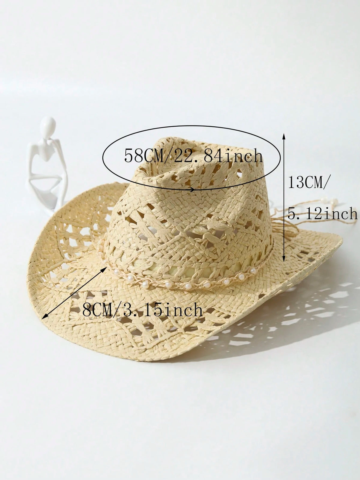 1pc Unisex Pearl Decor Cowboy Hat Hollow Out Wide Brim Handmade Spring Summer Travel Shade Cowgirl Hat Beach Hat Straw Hat Casual Sun Hat