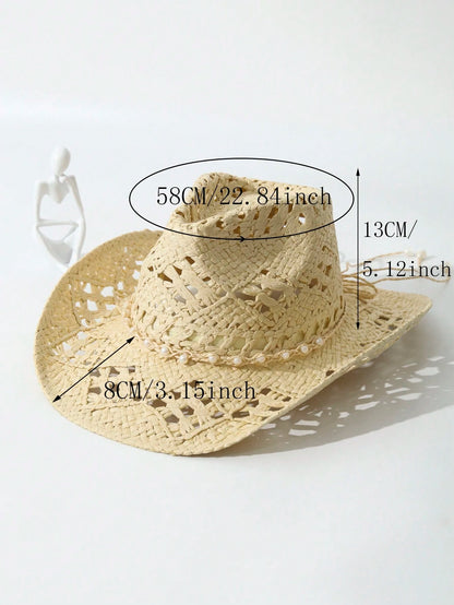 1pc Unisex Pearl Decor Cowboy Hat Hollow Out Wide Brim Handmade Spring Summer Travel Shade Cowgirl Hat Beach Hat Straw Hat Casual Sun Hat