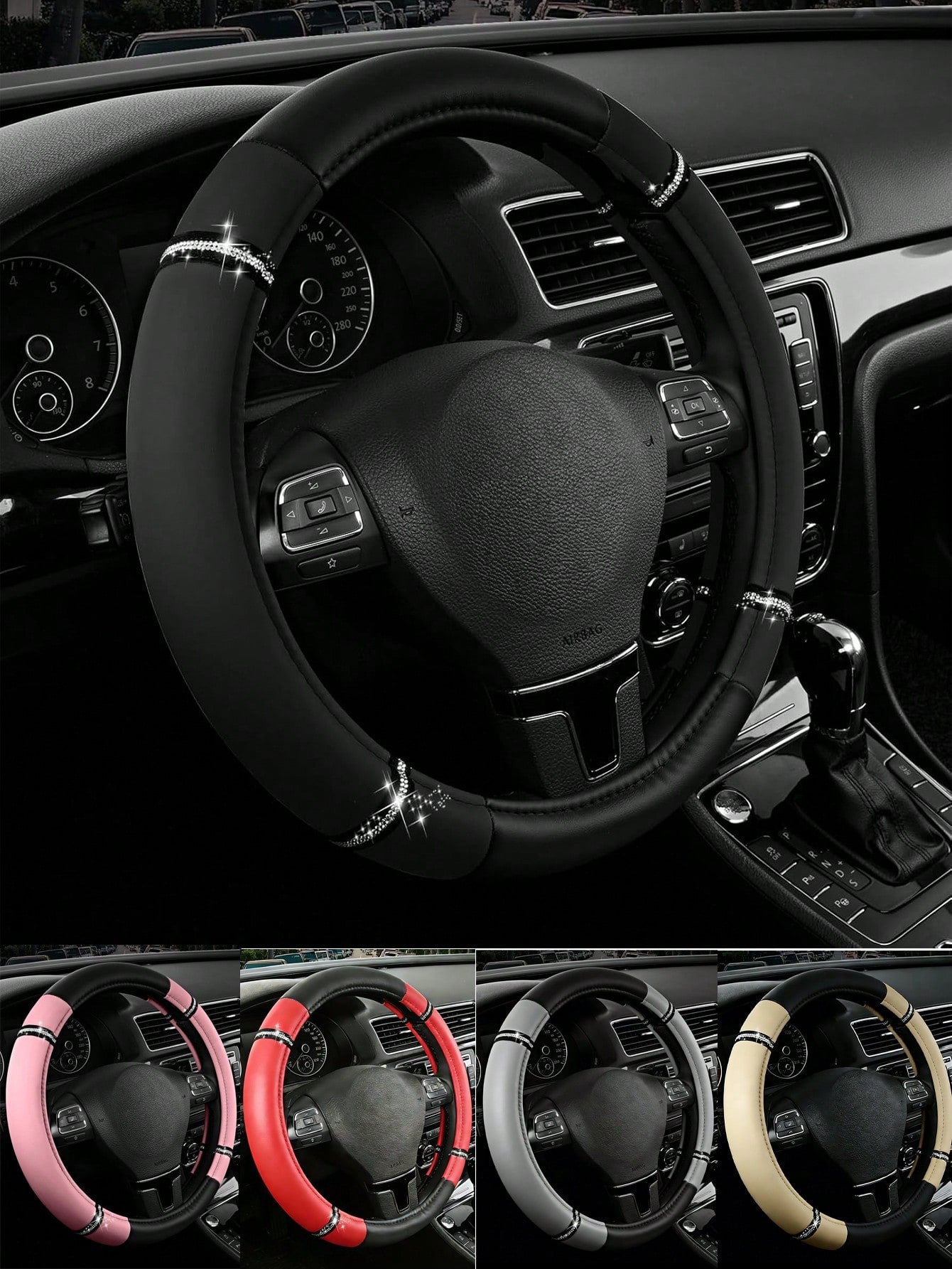1pc Universal Rhinestone PU Car Steering Wheel Cover, Luxury Shiny Anti-Slip, 36-38cm, Cute Fashionable Women's Car Interior Accessory, Suitable For Most Sedans, SUVs And Trucks