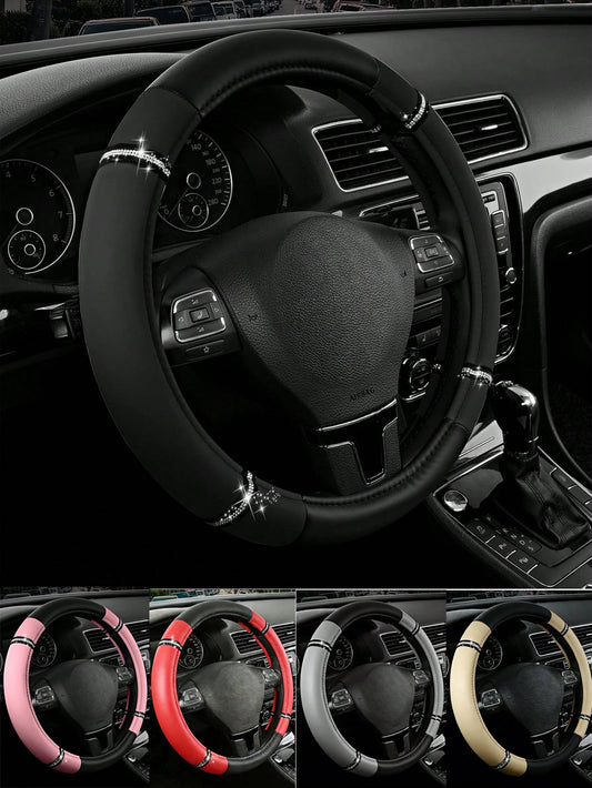 1pc Universal Rhinestone PU Car Steering Wheel Cover, Luxury Shiny Anti-Slip, 36-38cm, Cute Fashionable Women's Car Interior Accessory, Suitable For Most Sedans, SUVs And Trucks