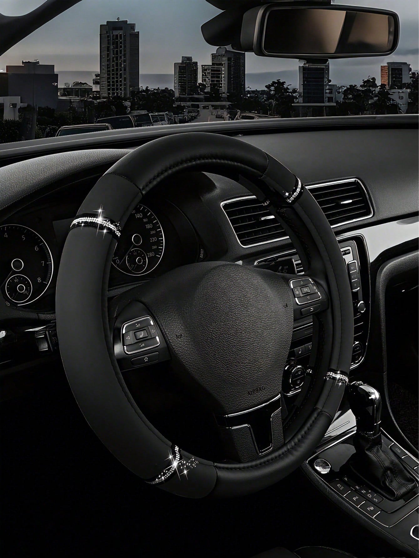 1pc Universal Rhinestone PU Car Steering Wheel Cover, Luxury Shiny Anti-Slip, 36-38cm, Cute Fashionable Women's Car Interior Accessory, Suitable For Most Sedans, SUVs And Trucks