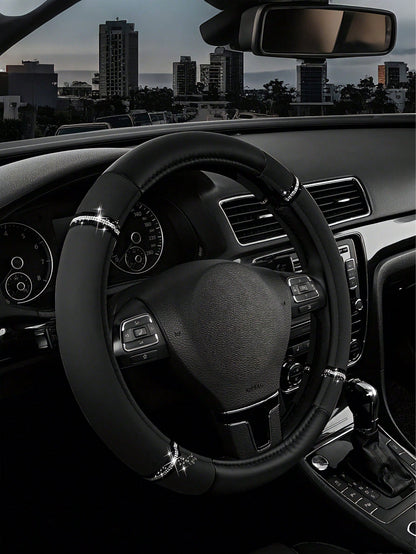 1pc Universal Rhinestone PU Car Steering Wheel Cover, Luxury Shiny Anti-Slip, 36-38cm, Cute Fashionable Women's Car Interior Accessory, Suitable For Most Sedans, SUVs And Trucks
