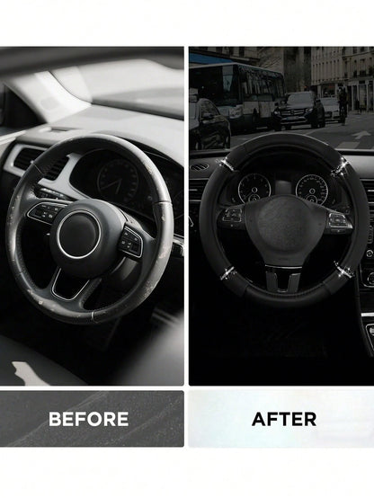 1pc Universal Rhinestone PU Car Steering Wheel Cover, Luxury Shiny Anti-Slip, 36-38cm, Cute Fashionable Women's Car Interior Accessory, Suitable For Most Sedans, SUVs And Trucks
