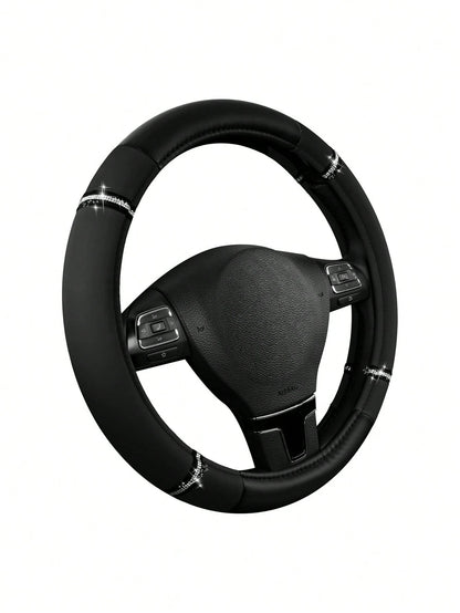 1pc Universal Rhinestone PU Car Steering Wheel Cover, Luxury Shiny Anti-Slip, 36-38cm, Cute Fashionable Women's Car Interior Accessory, Suitable For Most Sedans, SUVs And Trucks