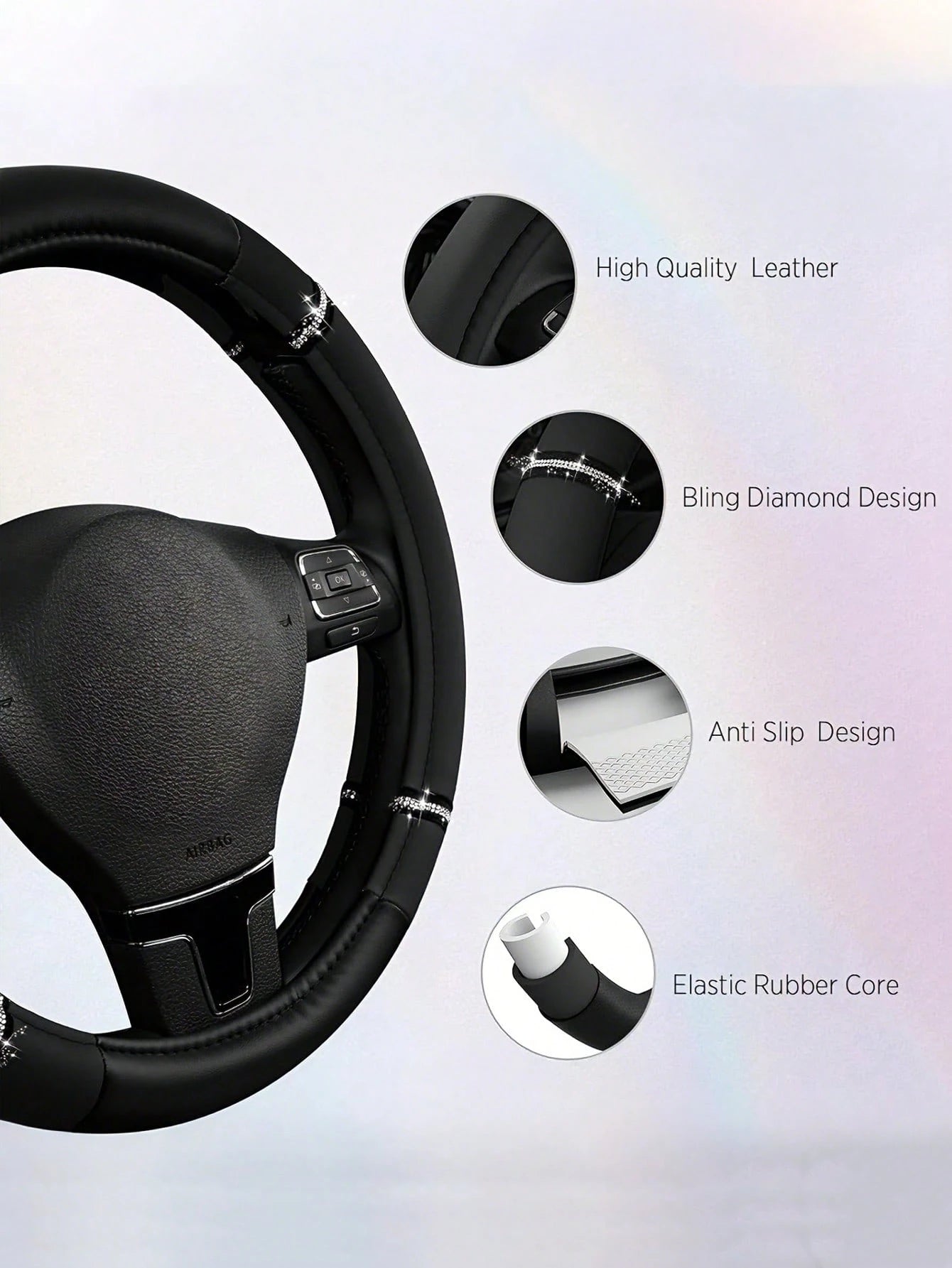 1pc Universal Rhinestone PU Car Steering Wheel Cover, Luxury Shiny Anti-Slip, 36-38cm, Cute Fashionable Women's Car Interior Accessory, Suitable For Most Sedans, SUVs And Trucks