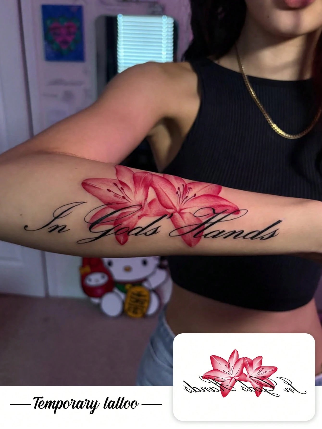 1pc Valentine's Day Limited Edition Y2K Style Red Lily Flower & English Letter Waterproof Sweatproof Washable Temporary Tattoo, Suitable For Arm & Shoulder, Realistic 3-5 Days Lasting