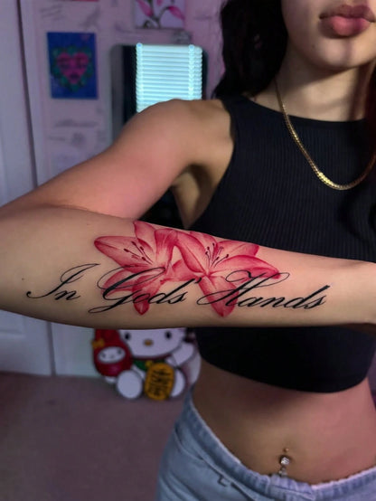 1pc Valentine's Day Limited Edition Y2K Style Red Lily Flower & English Letter Waterproof Sweatproof Washable Temporary Tattoo, Suitable For Arm & Shoulder, Realistic 3-5 Days Lasting
