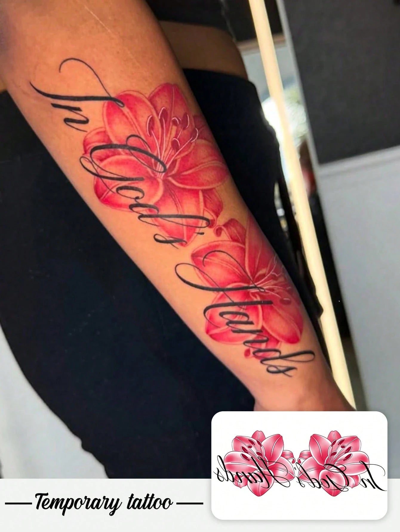 1pc Valentine's Day Limited Edition Y2K Style Red Lily Flower & English Letter Waterproof Sweatproof Washable Temporary Tattoo, Suitable For Arm & Shoulder, Realistic 3-5 Days Lasting