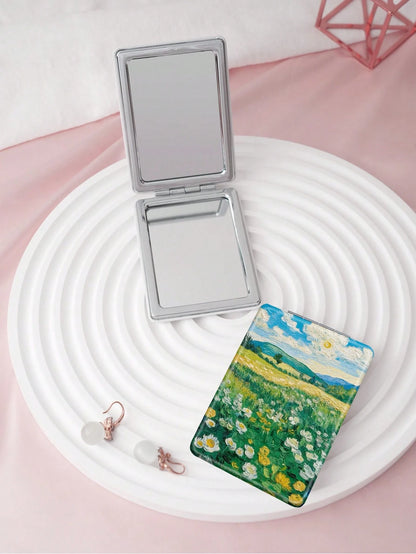 1PC Van Gogh Series Portable Vanity Mirror, Foldable Lightweight Ultra-Thin Hand Mirror, Durable PU Leather, Suitable For Multiple Scenarios And All People, Foldable Rectangular Pocket Mirror, Artisti