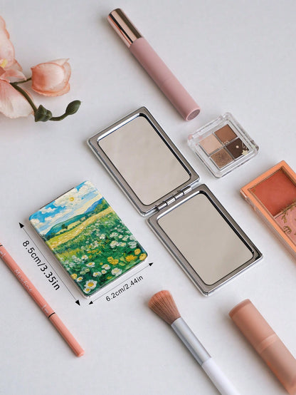 1PC Van Gogh Series Portable Vanity Mirror, Foldable Lightweight Ultra-Thin Hand Mirror, Durable PU Leather, Suitable For Multiple Scenarios And All People, Foldable Rectangular Pocket Mirror, Artisti