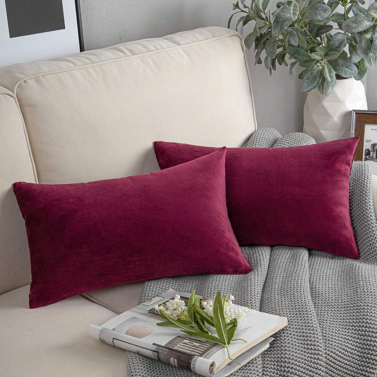 1pc Velvet Christmas Throw Pillow Covers Decorative Square Pillowcase Soft Solid Cushion Case For Sofa Bedroom Chair Car 18x18 Inch Red Wine