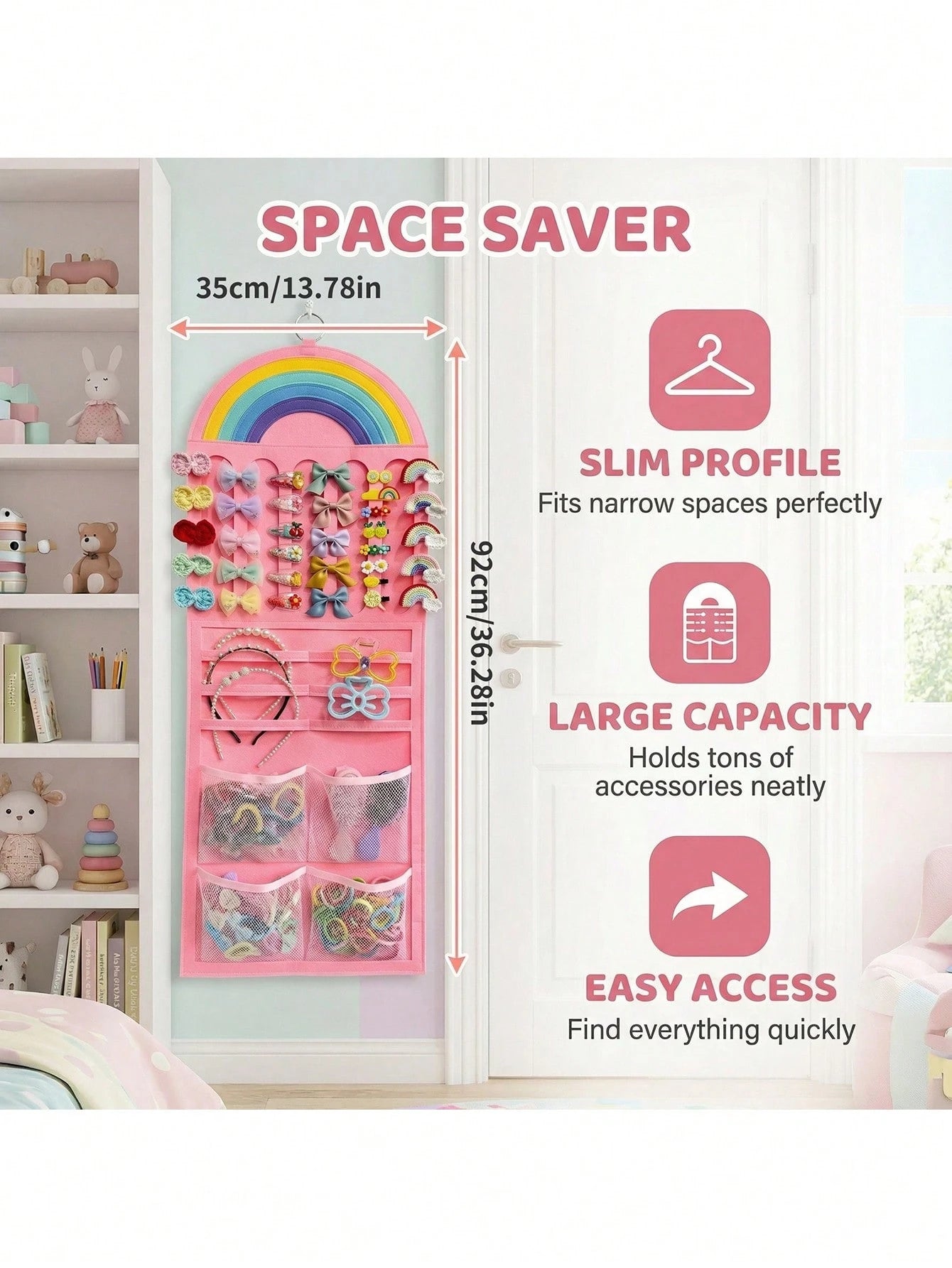 1pc Vibrant Rainbow Hair Clip For Girls| Space-Saving Wall Mounted Storage Holder With Multi-Pockets, Perfect For Hair Bows, Barrettes & Small Additions,Baby Birthday Gift Baby Shower Gift