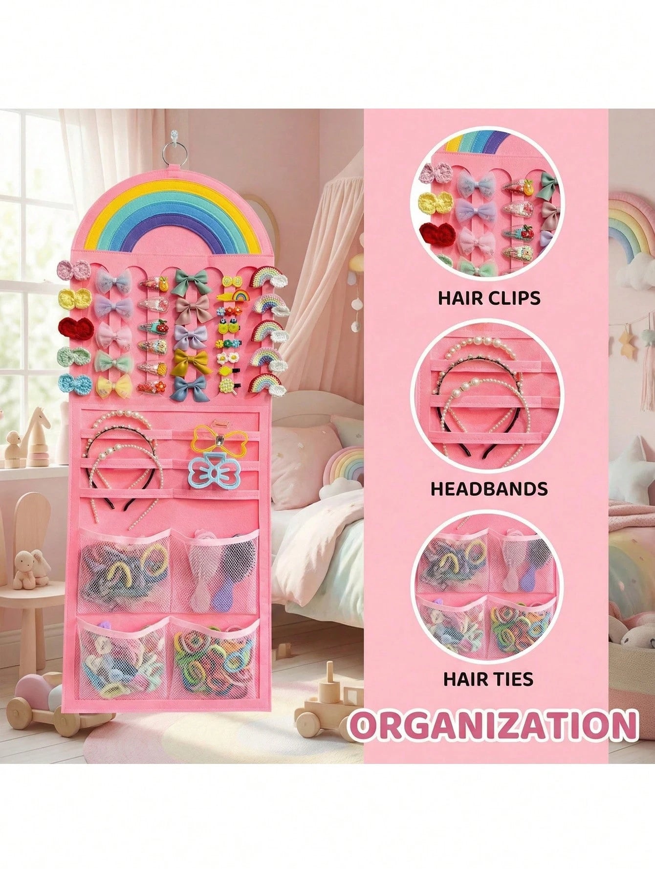 1pc Vibrant Rainbow Hair Clip For Girls| Space-Saving Wall Mounted Storage Holder With Multi-Pockets, Perfect For Hair Bows, Barrettes & Small Additions,Baby Birthday Gift Baby Shower Gift