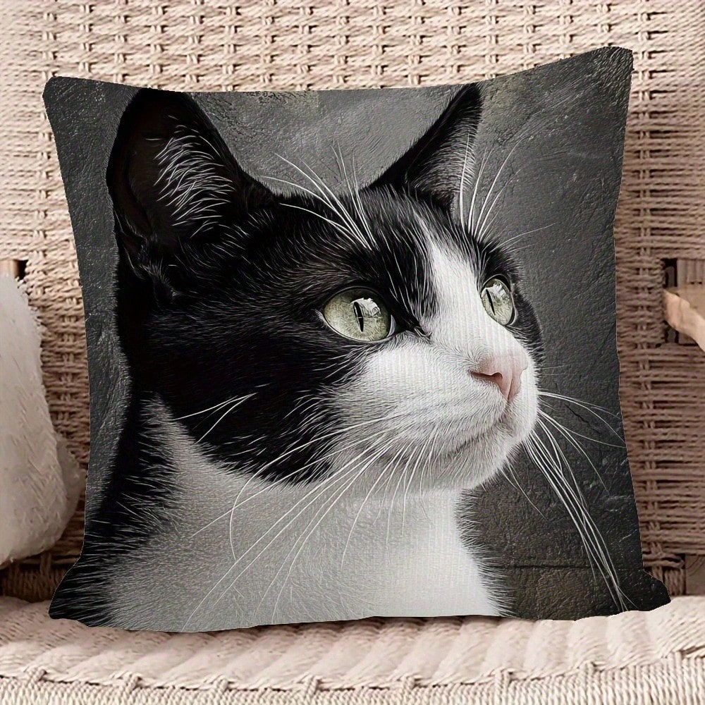 1Pc Vintage Black And White Cat Pattern Throw Pillow Covers- 17.7*17.7 Inches, Single-Side Print, Machine Washable With Zipper, Soft Comfortable Polyester Fabric Cushion Covers, Suitable For Various