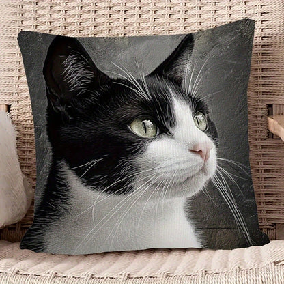 1Pc Vintage Black And White Cat Pattern Throw Pillow Covers- 17.7*17.7 Inches, Single-Side Print, Machine Washable With Zipper, Soft Comfortable Polyester Fabric Cushion Covers, Suitable For Various