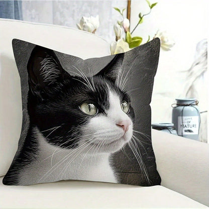 1Pc Vintage Black And White Cat Pattern Throw Pillow Covers- 17.7*17.7 Inches, Single-Side Print, Machine Washable With Zipper, Soft Comfortable Polyester Fabric Cushion Covers, Suitable For Various