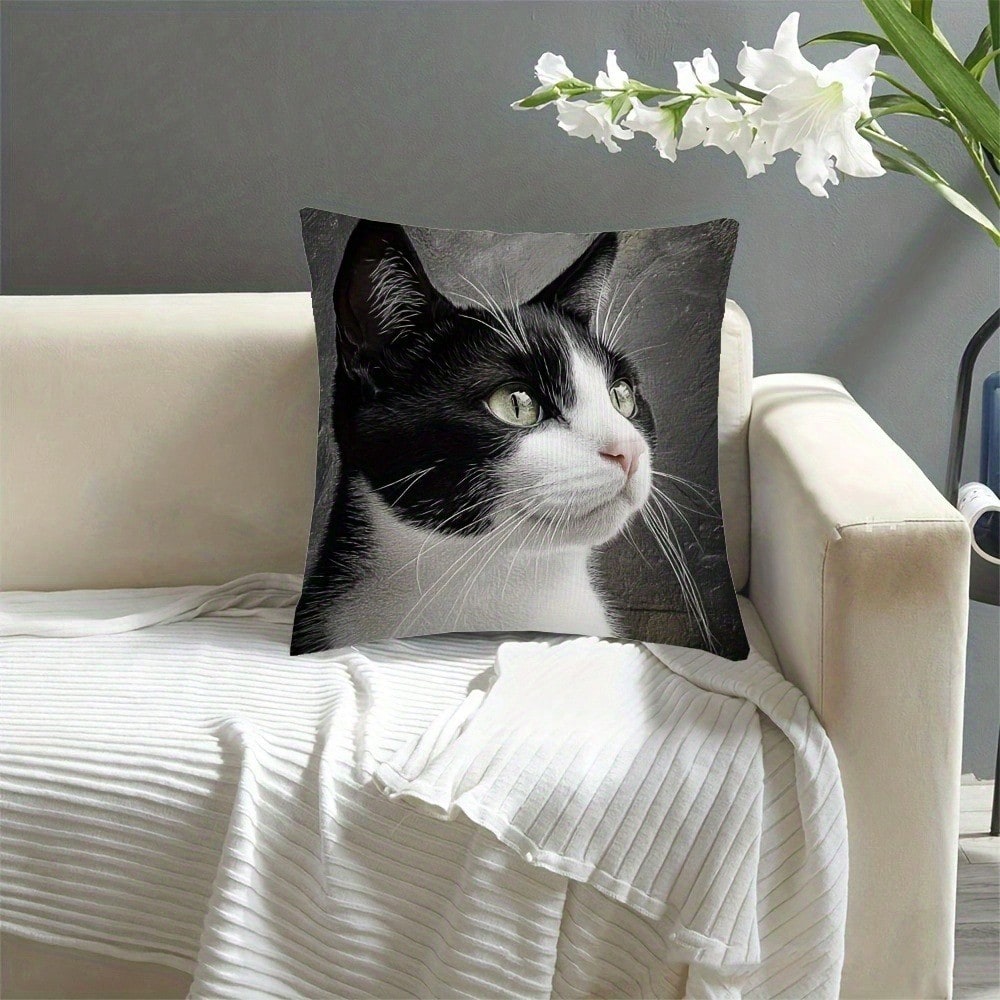 1Pc Vintage Black And White Cat Pattern Throw Pillow Covers- 17.7*17.7 Inches, Single-Side Print, Machine Washable With Zipper, Soft Comfortable Polyester Fabric Cushion Covers, Suitable For Various
