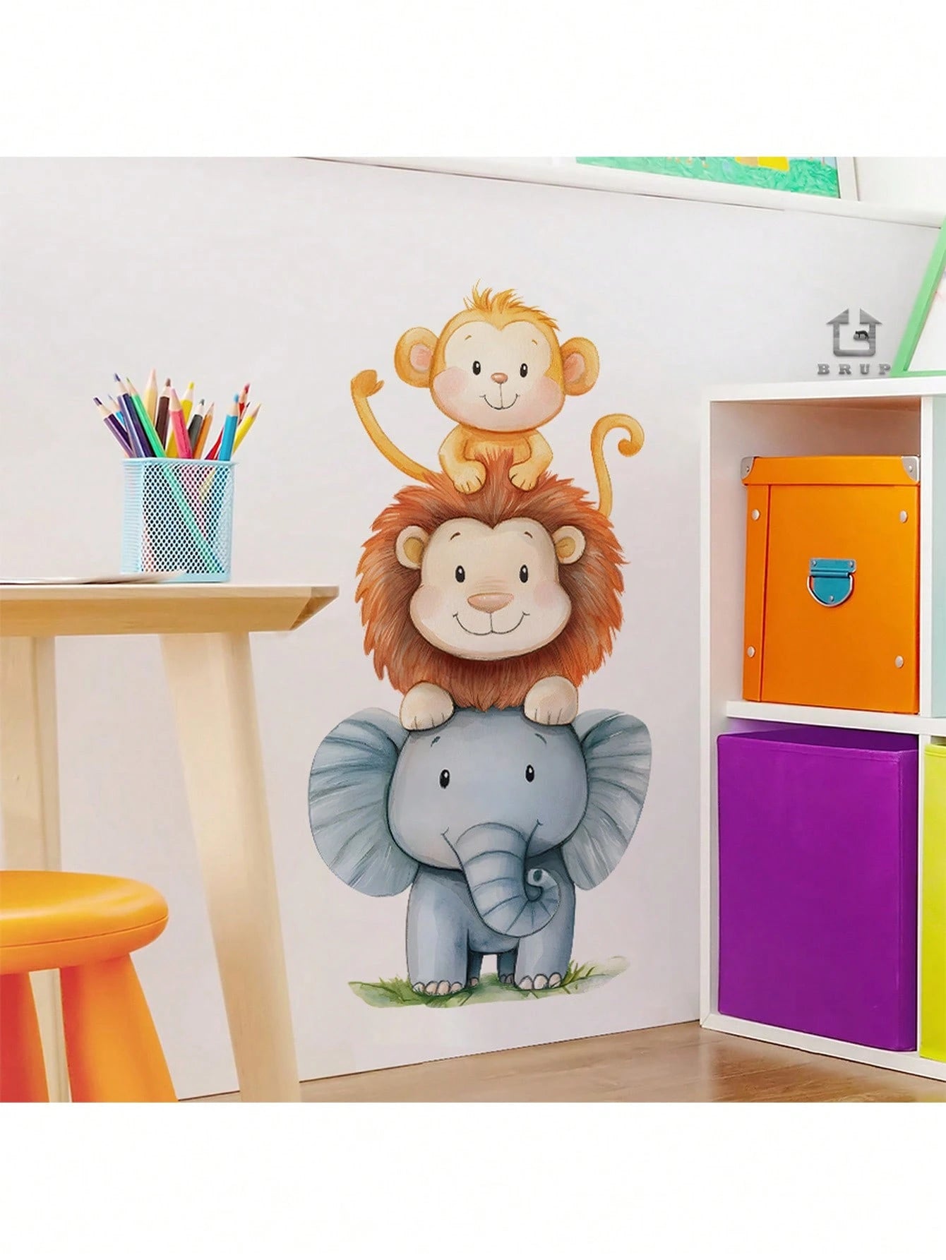 1pc Watercolor Cute Animal Wall Sticker- Elephant And Monkey Design- PVC Self-Adhesive Mural- Suitable For Game Room/Kids Room Decor, Living Room, Door, Kindergarten, Classroom, Home Decor & Gift