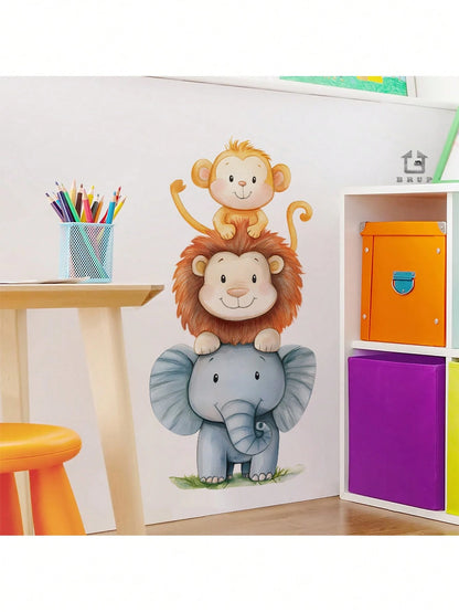 1pc Watercolor Cute Animal Wall Sticker- Elephant And Monkey Design- PVC Self-Adhesive Mural- Suitable For Game Room/Kids Room Decor, Living Room, Door, Kindergarten, Classroom, Home Decor & Gift