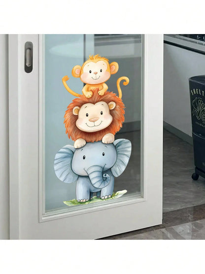 1pc Watercolor Cute Animal Wall Sticker- Elephant And Monkey Design- PVC Self-Adhesive Mural- Suitable For Game Room/Kids Room Decor, Living Room, Door, Kindergarten, Classroom, Home Decor & Gift