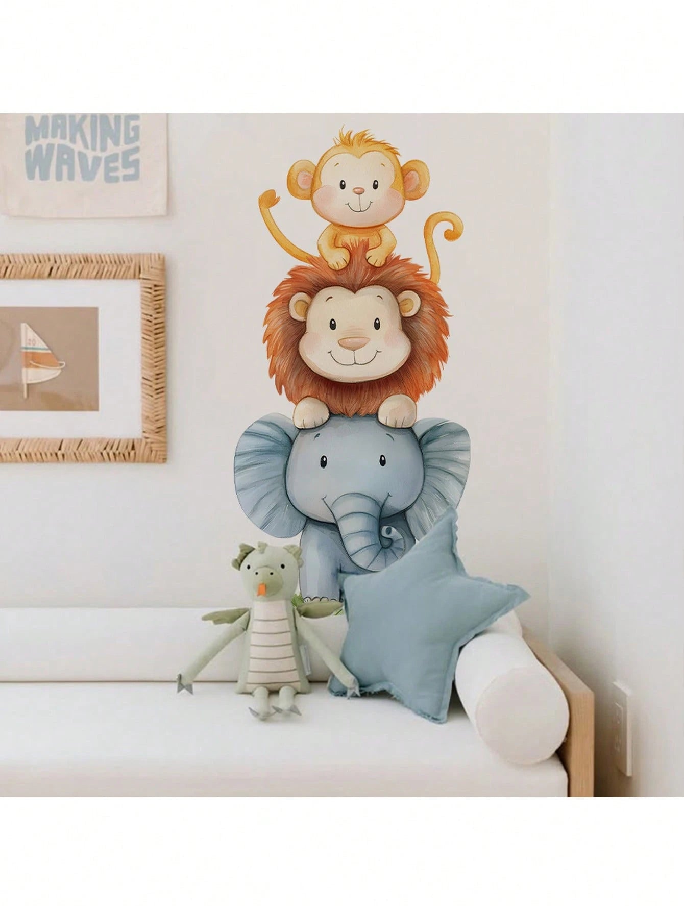 1pc Watercolor Cute Animal Wall Sticker- Elephant And Monkey Design- PVC Self-Adhesive Mural- Suitable For Game Room/Kids Room Decor, Living Room, Door, Kindergarten, Classroom, Home Decor & Gift