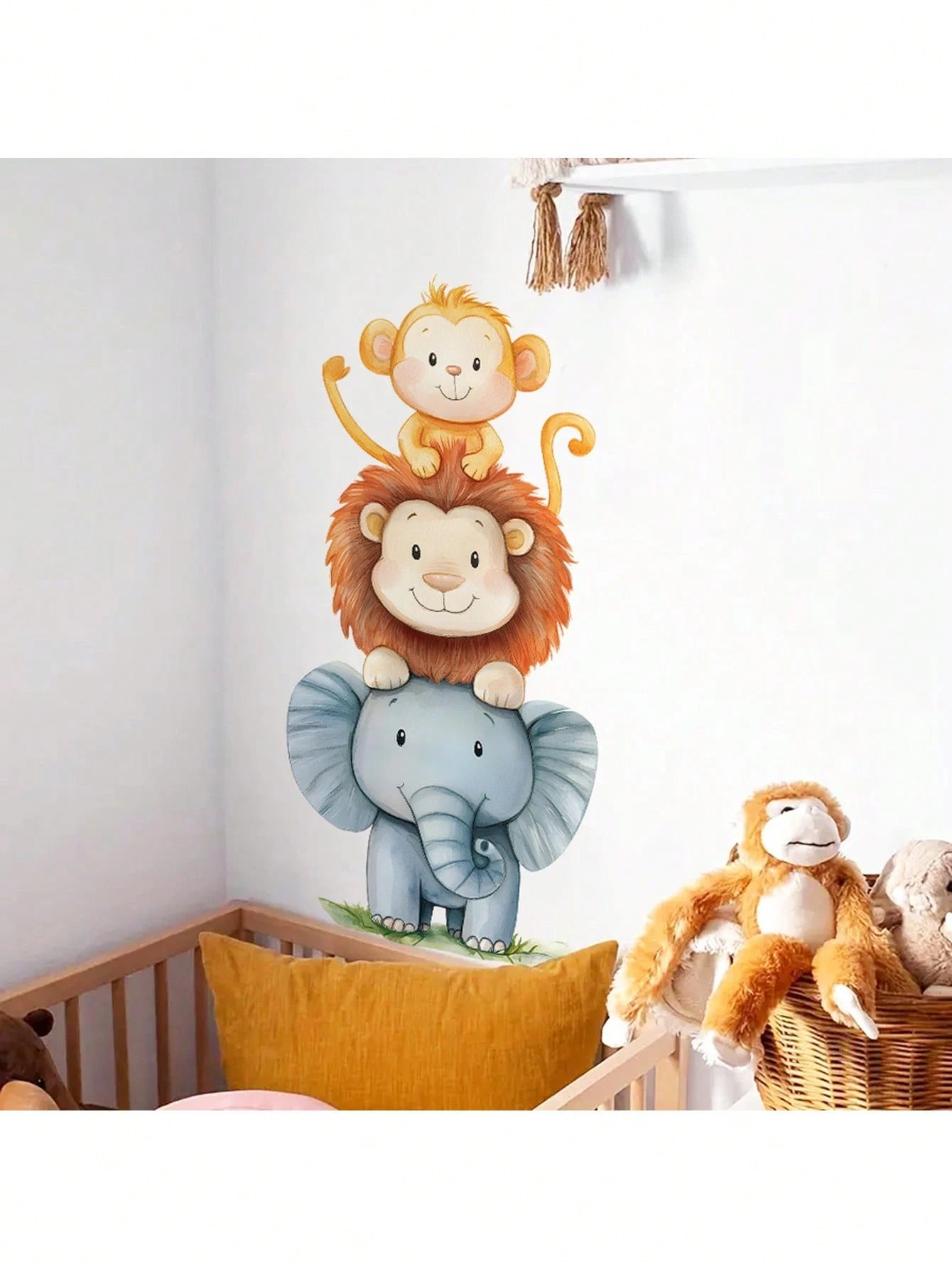 1pc Watercolor Cute Animal Wall Sticker- Elephant And Monkey Design- PVC Self-Adhesive Mural- Suitable For Game Room/Kids Room Decor, Living Room, Door, Kindergarten, Classroom, Home Decor & Gift